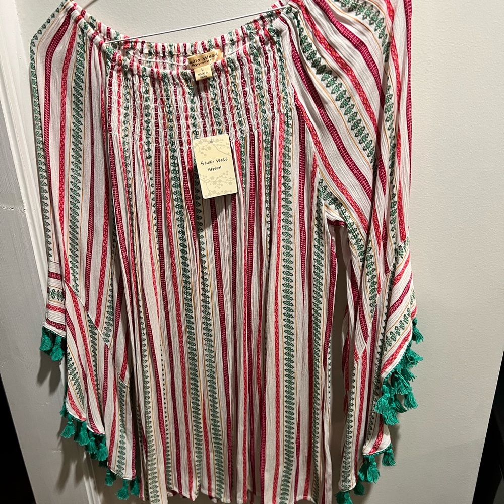 Studio West Pink and Red Smocked Blouse with 3/4 Sleeves